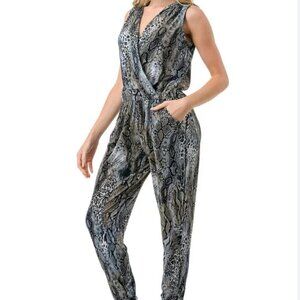 Ariella Blue Snakeskin Sleeveless Crossover Jumpsuit, Size Medium